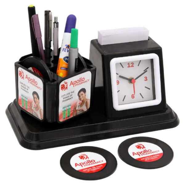 TABLE CLOCK WITH PEN STAND 6 COASTERS AND 150 CHIT PAD