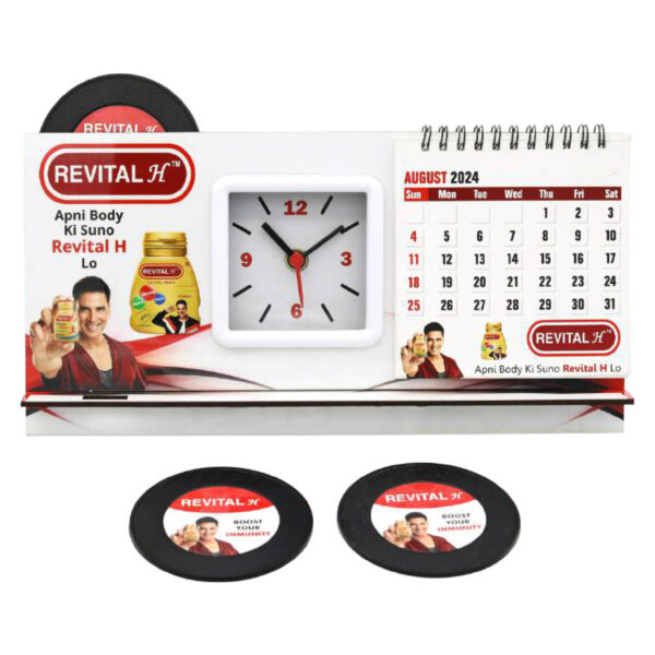 TABLE CLOCK WITH CALENDER, MOBILE STAND AND 4 COASTERS